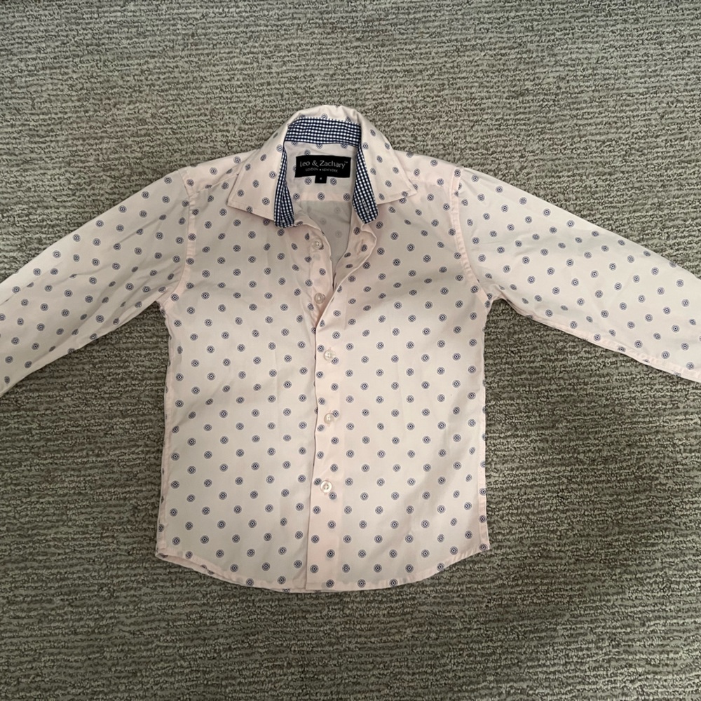 Leo & Zachary Boys Long Sleeve Dress Shirt // Pale Pink with Azul Circles